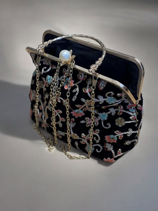 Vintage Floral Velvet Clutch | Handmade Romantic Evening Bag | Elegant Blue and Black Velvet Handbag | Formal Occasion Purse