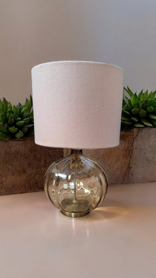 Golden Yellow Glass Lamp | Elegant Table Lamp or Small Floor Lamp | Gold Base Bedside Lamp | Beige Cotton Lampshade | Stylish Home Decor