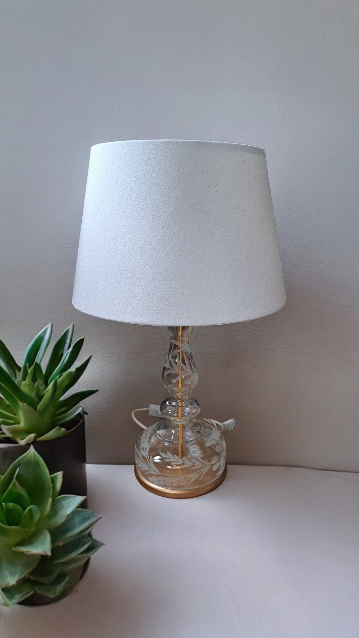 Elegant Table Lamp | Glass Table Lamp with Berry & Leaf Pattern | Gold Base Bedside Lamp | White Cotton Lampshade Lamp | Stylish Desk Lamp
