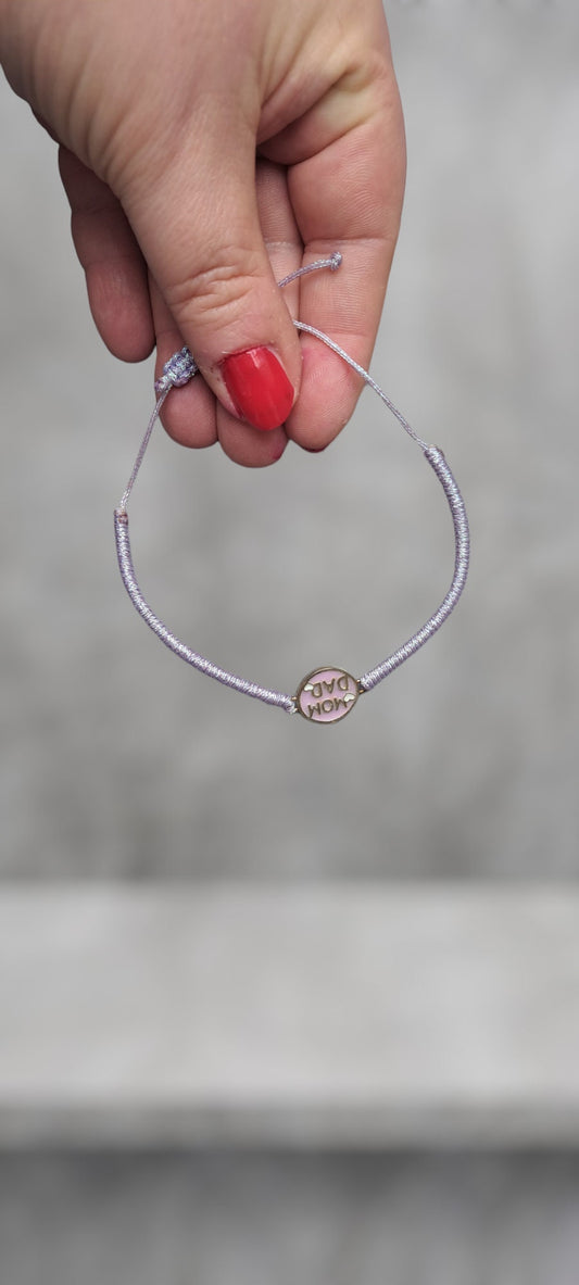 Mom and Dad Bracelet | Engraved Silver Pendant Family Bracelet | Adjustable Macramé Glitter Fabric Bracelet | Handmade Sentimental Jewelry