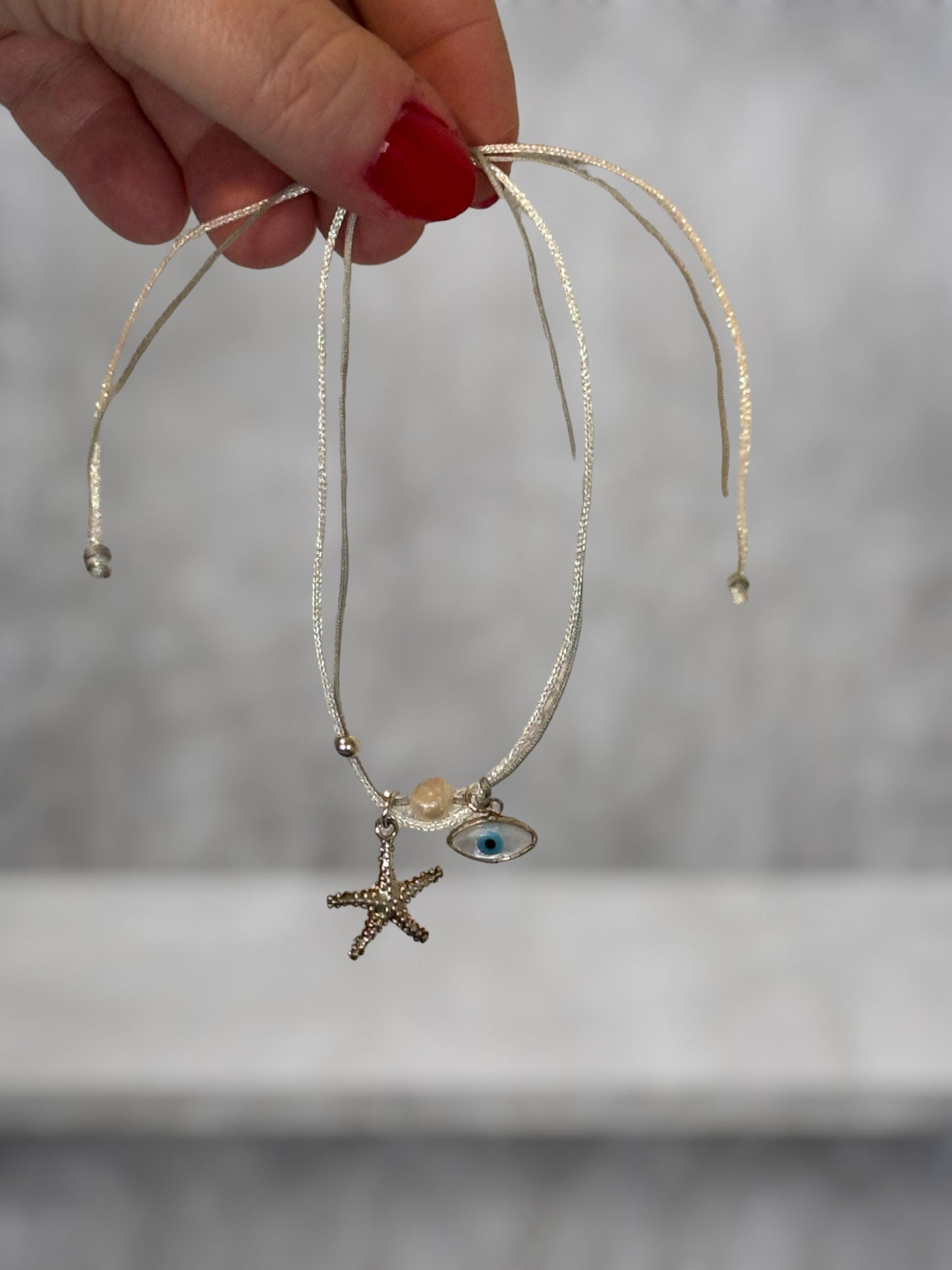 Silver Starfish Anklet | Adjustable Macrame Anklet with Seeing Eye Charm | Glitter Fabric Sailing Rope Anklet | Boho Beach Ankle Bracelet