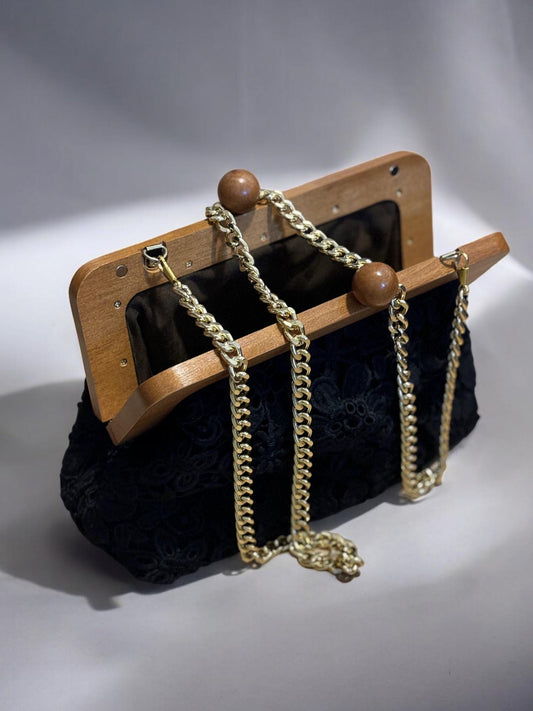 Handmade Lace Shoulder Bag | Black Guipure Lace Clutch | Elegant Evening Crossbody Bag with Gold Chain | Floral Lace Wedding Purse