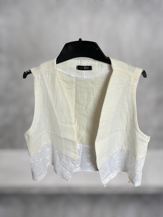 Handmade Persian Vest | White Embroidered Cotton Muslin Waistcoat | Unisex Eyelet Embroidery Vest | Bohemian Festival Fashion