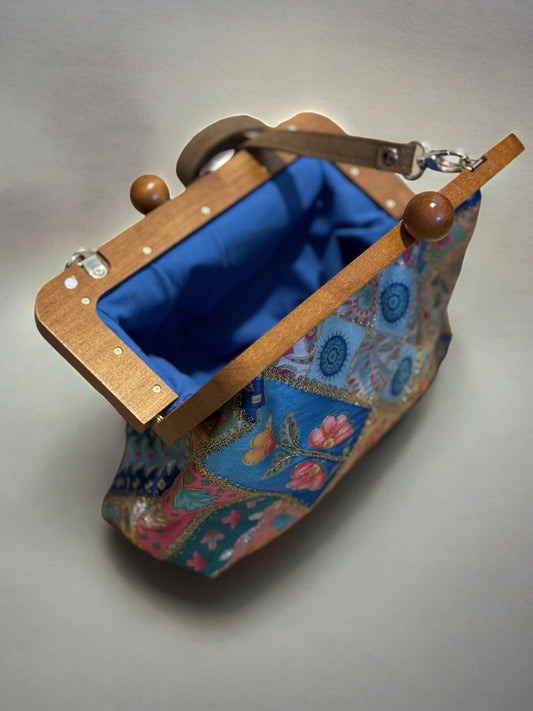 Handmade Taffeta Shoulder Bag | Elegant Evening Clutch with Velvet Handles | Luxury Formal Bag with Wooden Clasp | Wooden Party Clutch