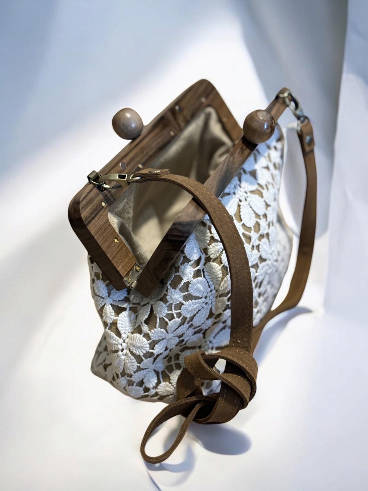 Handmade White Lace Clutch | Romantic Evening Bag with Floral Guipure Lace | Elegant Beige Velvet Shoulder Bag | Wedding Guest Purse