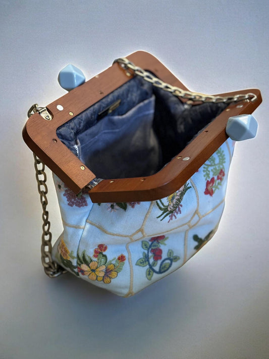 Handmade Light Blue Clutch | Elegant Floral Cotton Evening Bag | Gold Chain Loop Purse | Feminine Floral Evening Clutch | Bridesmaid Gift